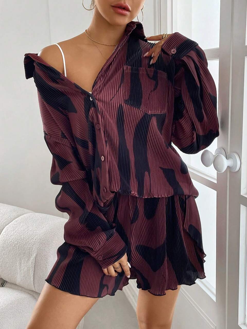 Printed Lantern Sleeve Loose Fit Top And Shorts 2 Pieces Set
