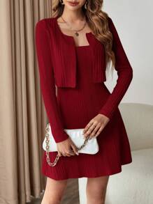 Firerie 純色細肩帶連身裙和夾克兩件套 - 酒紅色 - 查看 5