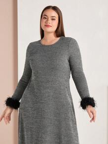 Mulvari Plus Size Women'S Patchwork Sleeve Cuff Round Neck Dress - Grey - View 4