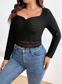 SHEIN Frenchy Plus Size Spring Tops Corset Black Top Lace Trimmed Hole Embroidery T-Shirt - Black - View 3