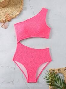 SHEIN Swim 女式連身不對稱領口粉紅泳衣嘉年華 - 粉色 - 查看 2