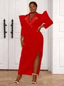 Plus Size Spring/Summer Exaggerated Shoulder Pads With Beaded Decoration, Split Hem, Long Sleeve Dress - Red - View 1