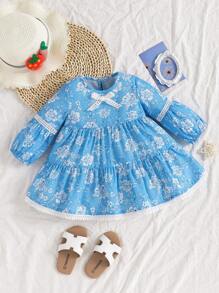 嬰幼女寶寶藍色蕾絲邊裝連衣裙 - 藍色 - 查看 1