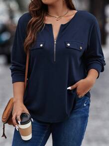 SHEIN LUNE Plus Half Zip Flap Detail Tee Fall Cloth For Women - Navy Blue - View 4