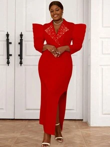 Plus Size Spring/Summer Exaggerated Shoulder Pads With Beaded Decoration, Split Hem, Long Sleeve Dress - Red - View 4