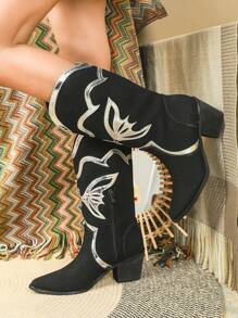 Styleloop Women's Short Boots Slip-on Style Diamond Embroidery Chic Over-the-knee High Boots In Black - Black - View 3