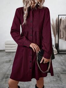 SHEIN LUNE Women's Corduroy Shirt Dress - Burgundy - View 3