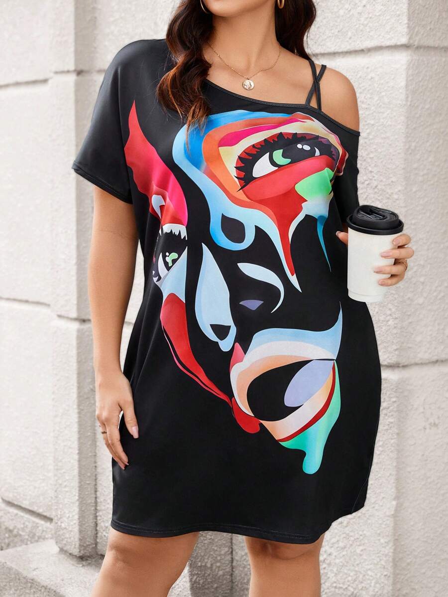SHEIN LUNE 大尺碼女性黑色短袖不對稱領面圖案連衣裙,適用於春/夏 - 黑色 - 查看 1