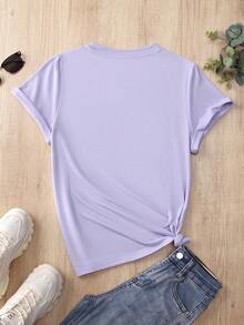 女式時尚春夏花卉及字母印花短袖t恤 - 紫色 - 查看 2