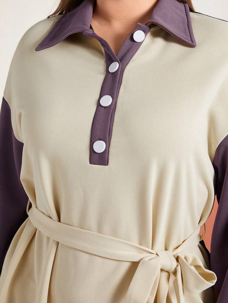 Plus Size Women's Polo Collar Color Block Drop Shoulder Dress With Belt