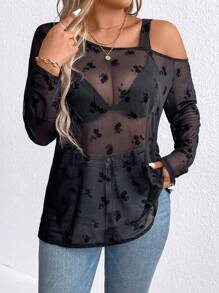 SHEIN Clasi 大尺碼女士提花網眼不對稱領口上衣 - 黑色 - 查看 3