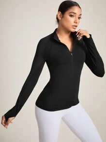 Yoga Basic Breathable Mesh Fabric Jacket With Letter Print Design For Sports - Black - View 3