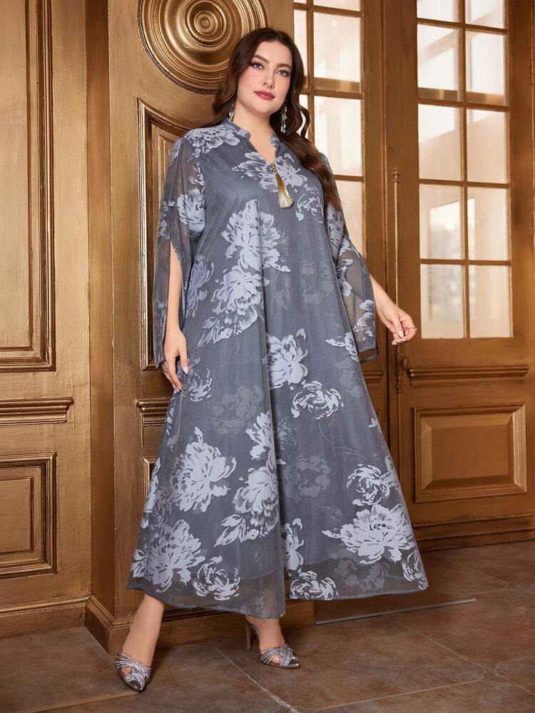 Plus Size Women'S Floral Print Slit Sleeve Dress Kaftan Jalabiya Dress