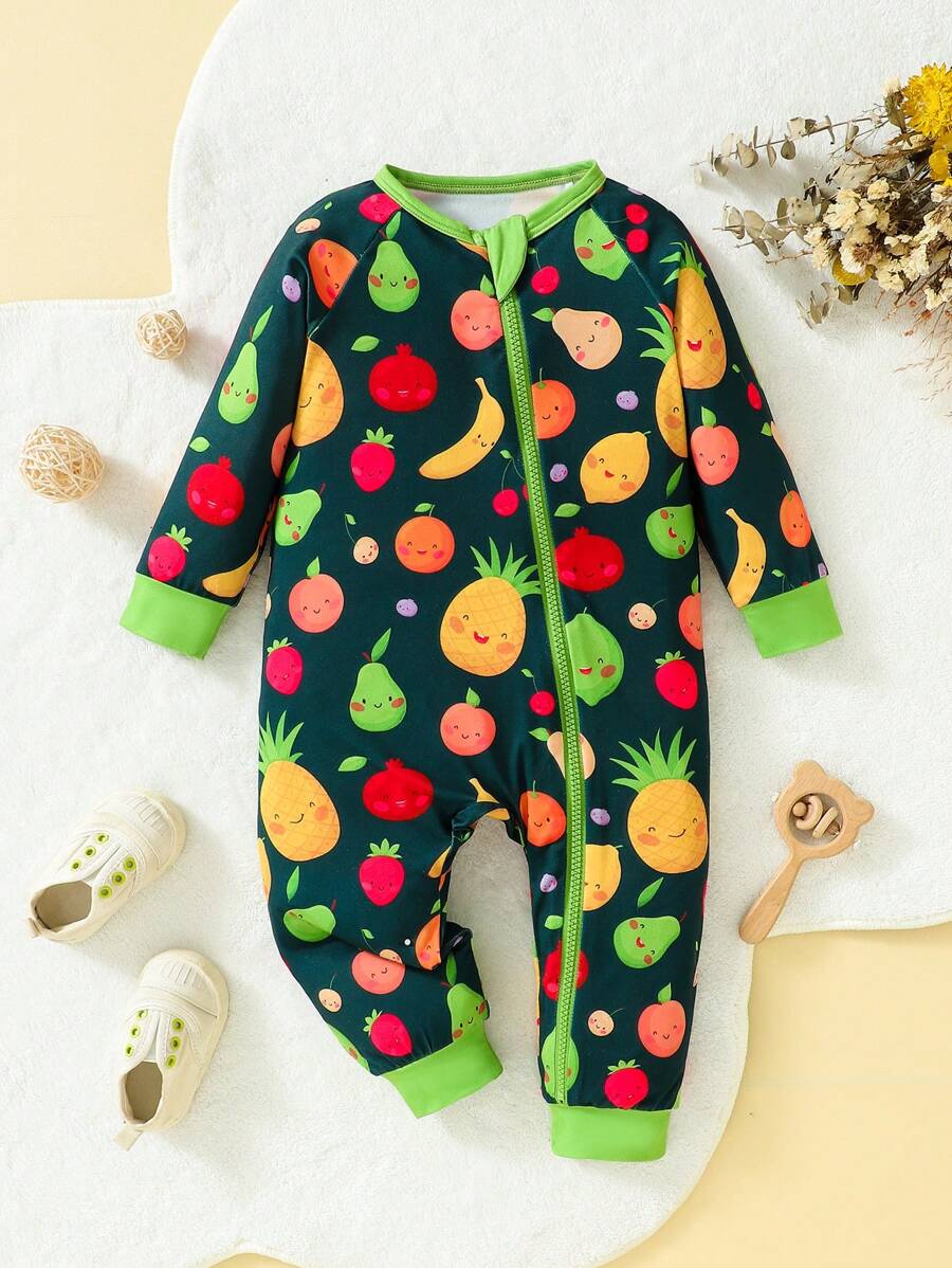SHEIN Baby Girls' Cute Fruit Cartoon Pattern Printed Jumpsuit For Spring And Autumn - Multicolor - View 1