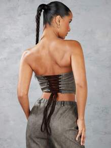 SHEIN BAE Solid Color Vintage Distressed Leather Asymmetrical Hem Backless Corset Top With Intricate Lace-Up Detail - Coffee Brown - View 2