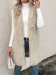 SHEIN LUNE Của phụ nữ Màu thuần Không tay lông tơ Giải trí áo - Màu be - Xem 3