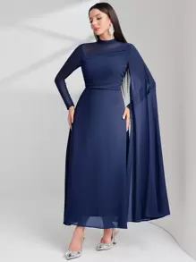 Modelyn Mesh Splicing Long Sleeve Dress Long Evening Dresses - Navy Blue - View 4