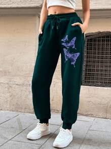 EURMUSE Butterfly Print Drawstring Waist Slant Pocket Sweatpants - Dark Green - View 1