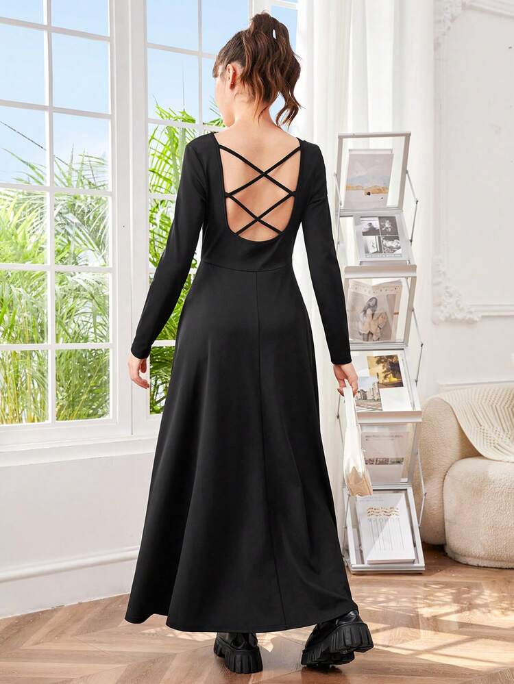 Junior Girls' Knitted Solid Color Large Round Neck Back Cross Hollow Out Dress