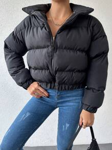 EURMUSE 純色短款棉袍外套 - 黑色 - 查看 4