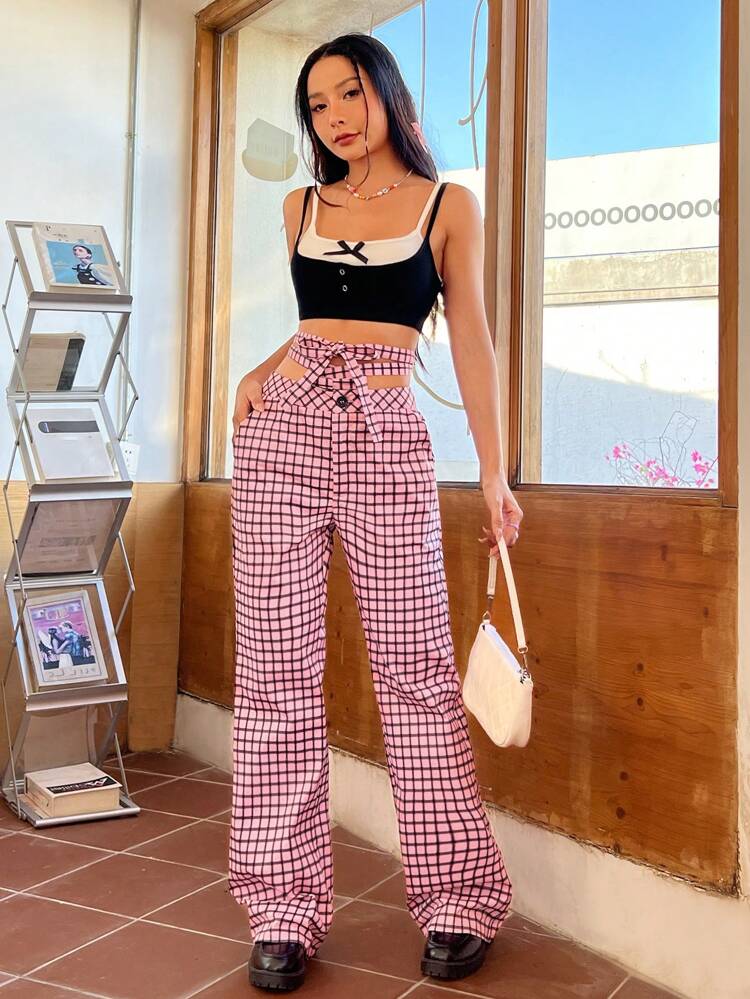 Casual Cross Tied Waist Plaid Pants For Women
