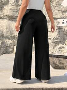 SHEIN EZwear Plus Size Black Knitted High-Waist Wide-Leg Pants - Black - View 2
