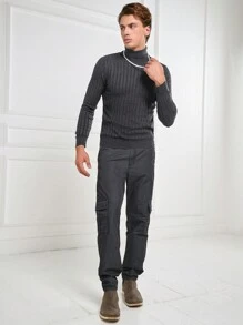 RueChic Men's High Neck Ribbed Knit Sweater - Dark Grey - View 6