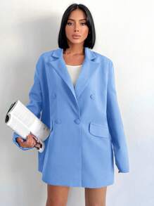 SHEIN Cottnline Lapel Double-breasted Loose Fit Suit Jacket - Baby Blue - View 4
