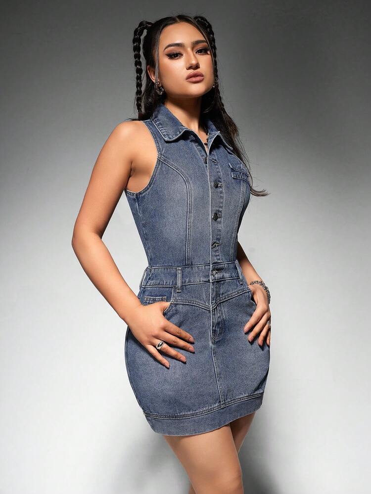 Women'S Sleeveless Denim Shirt Dress