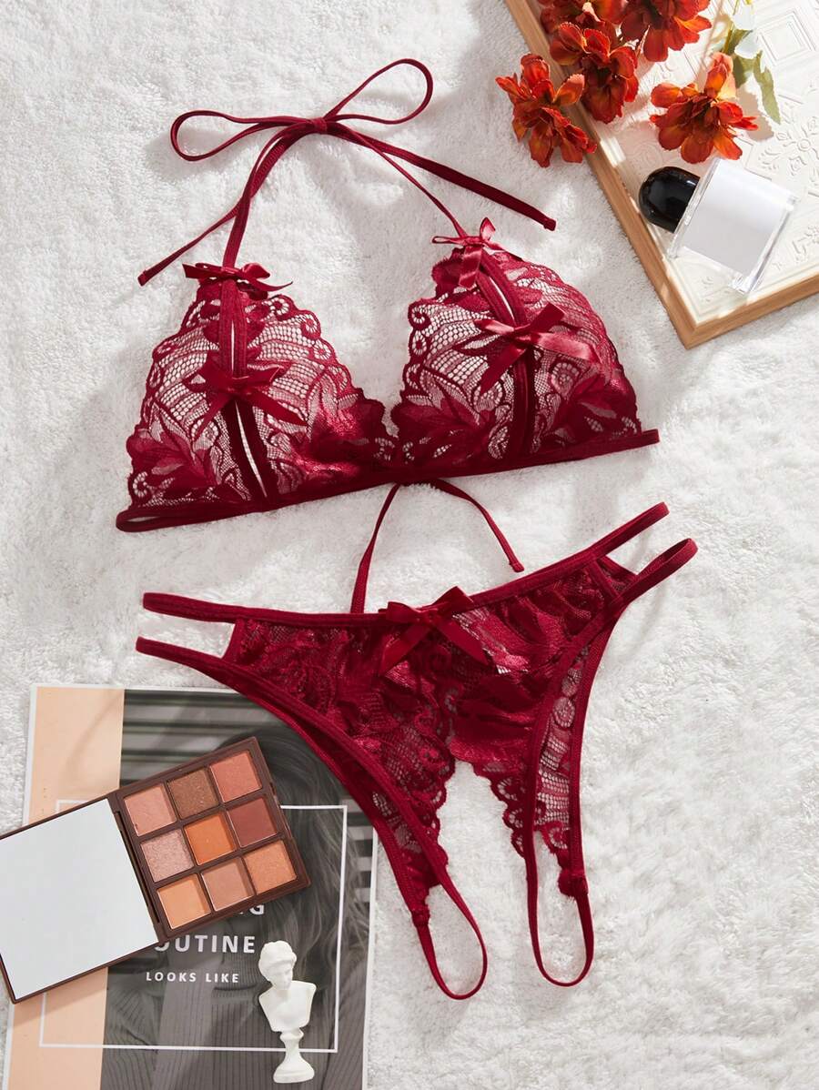 Floral Lace Cut-out Crotchless Lingerie Set