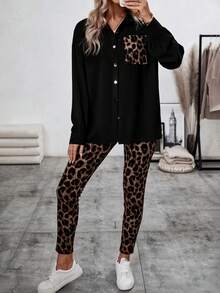 SHEIN LUNE Women's Button-up Shirt With Pockets And Leopard Printed Pants 2pcs Set - Multicolor - View 5