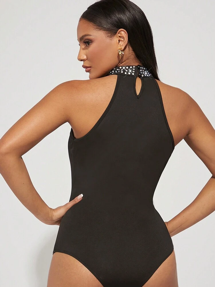 Fashionable & Sexy Hollow-Out Rhinestone Decor Halter Bodysuit