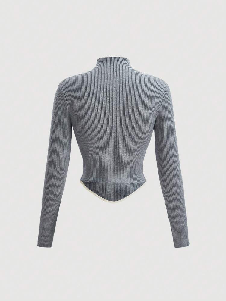 Women'S Stand Neck Hollow Out Contrast Trim Sweater