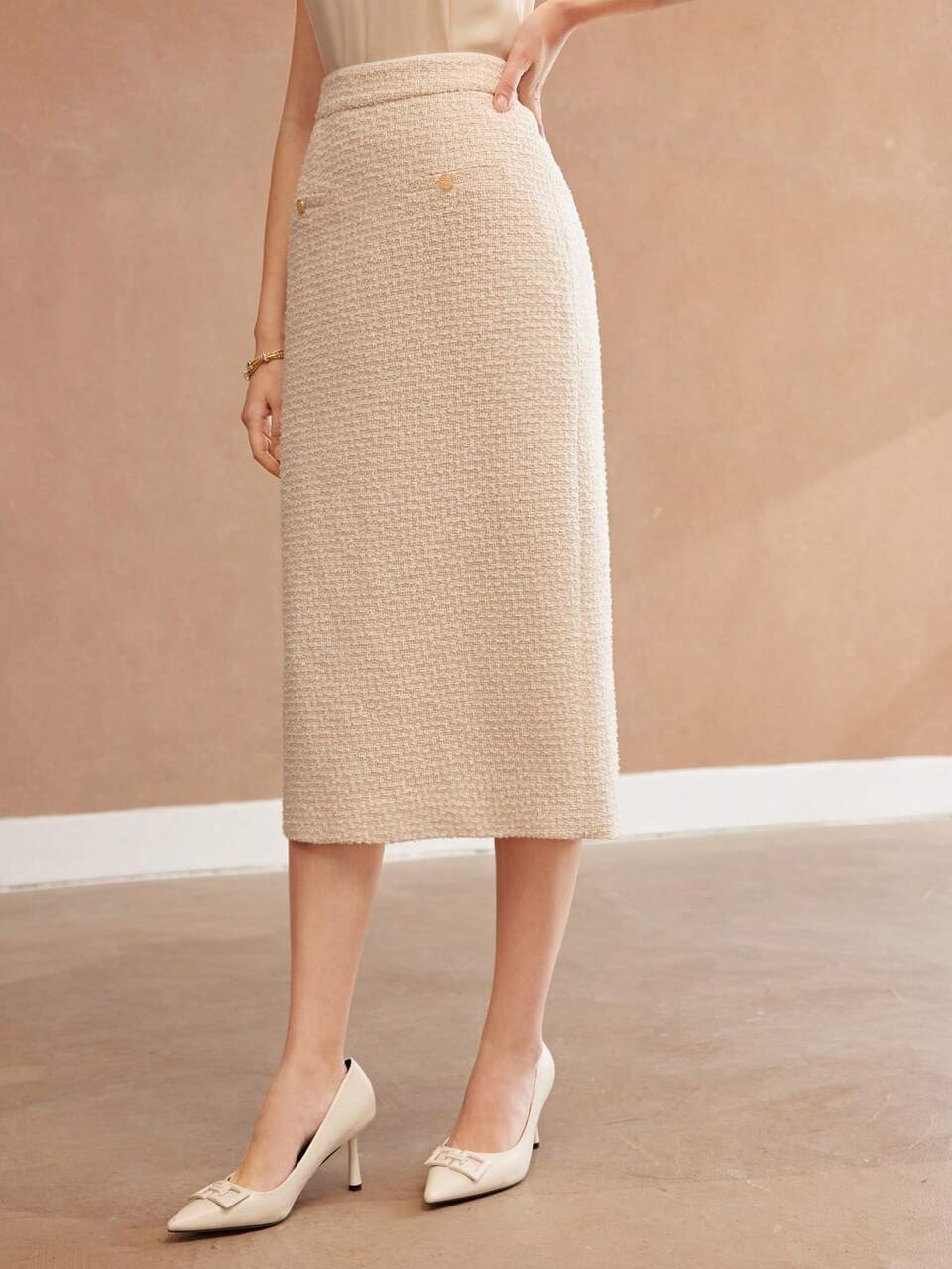 ZIPPER BACK SPLIT HEM TWEED SKIRT