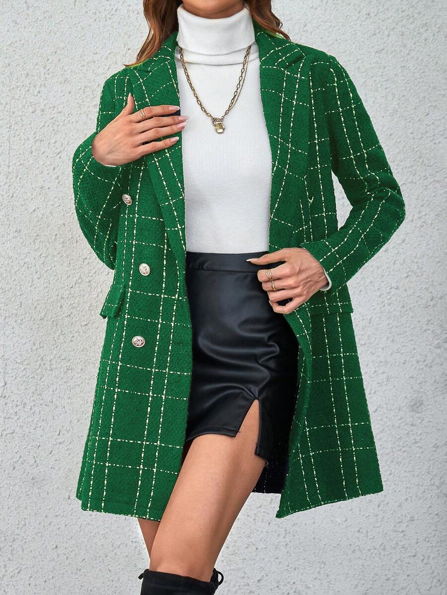 SHEIN Privé 格子襯衫領毛呢大衣 - 綠色 - 查看 1