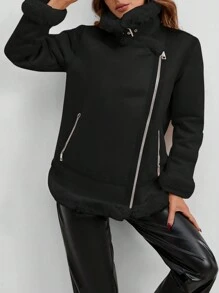 SHEIN Essnce Patchwork Zip Up Jacket - Black - View 3