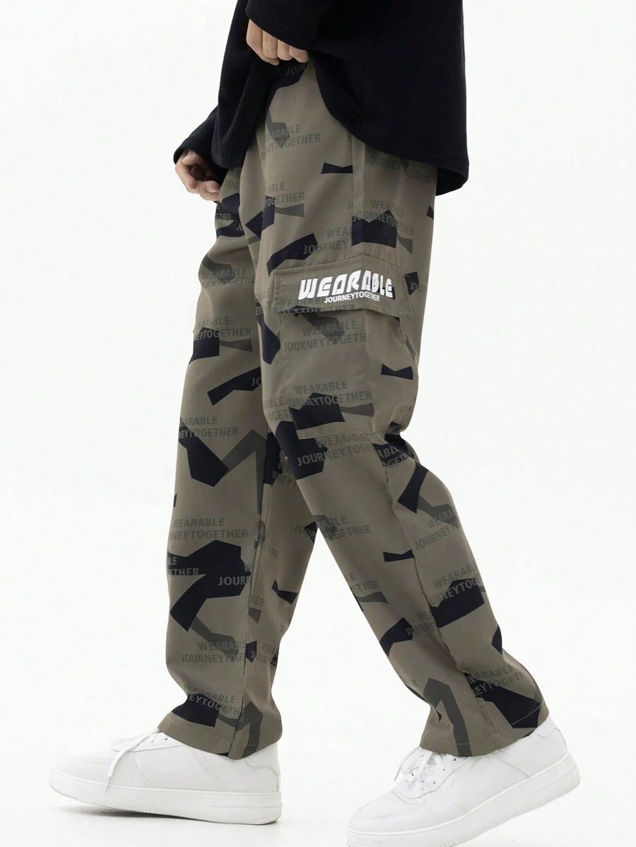 SHEIN 青少年男童時尚迷彩字母印花復古軍裝褲 - 彩色 - 查看 1