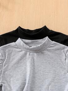 SHEIN Girls' Sporty & Sweet Knit Stand-Up Collar Long Sleeve T-Shirt - Light Grey - View 4