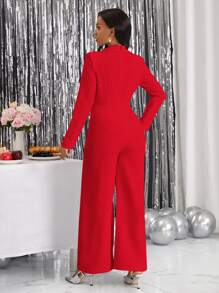 SHEIN Lady 純色仿真口袋連身褲,優雅風格 - 紅色 - 查看 2