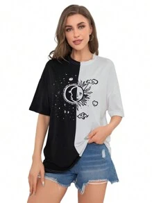 SHEIN Unity Color Block Sun & Moon Graphic Drop Shoulder Tee - Black and White - View 1