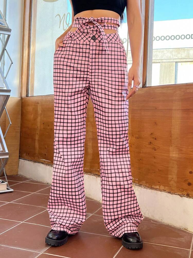 Casual Cross Tied Waist Plaid Pants For Women