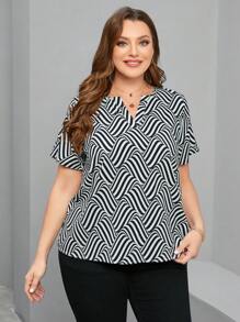 Chikora Summer Shirts Plus Size Short Sleeve Summer Blouse With Notched Lapel - Black and White - View 5