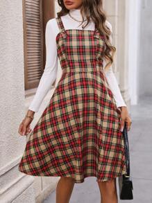 SHEIN Frenchy Plaid Overall Dress - Apricot - View 6