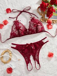 Floral Lace Cut-out Crotchless Lingerie Set