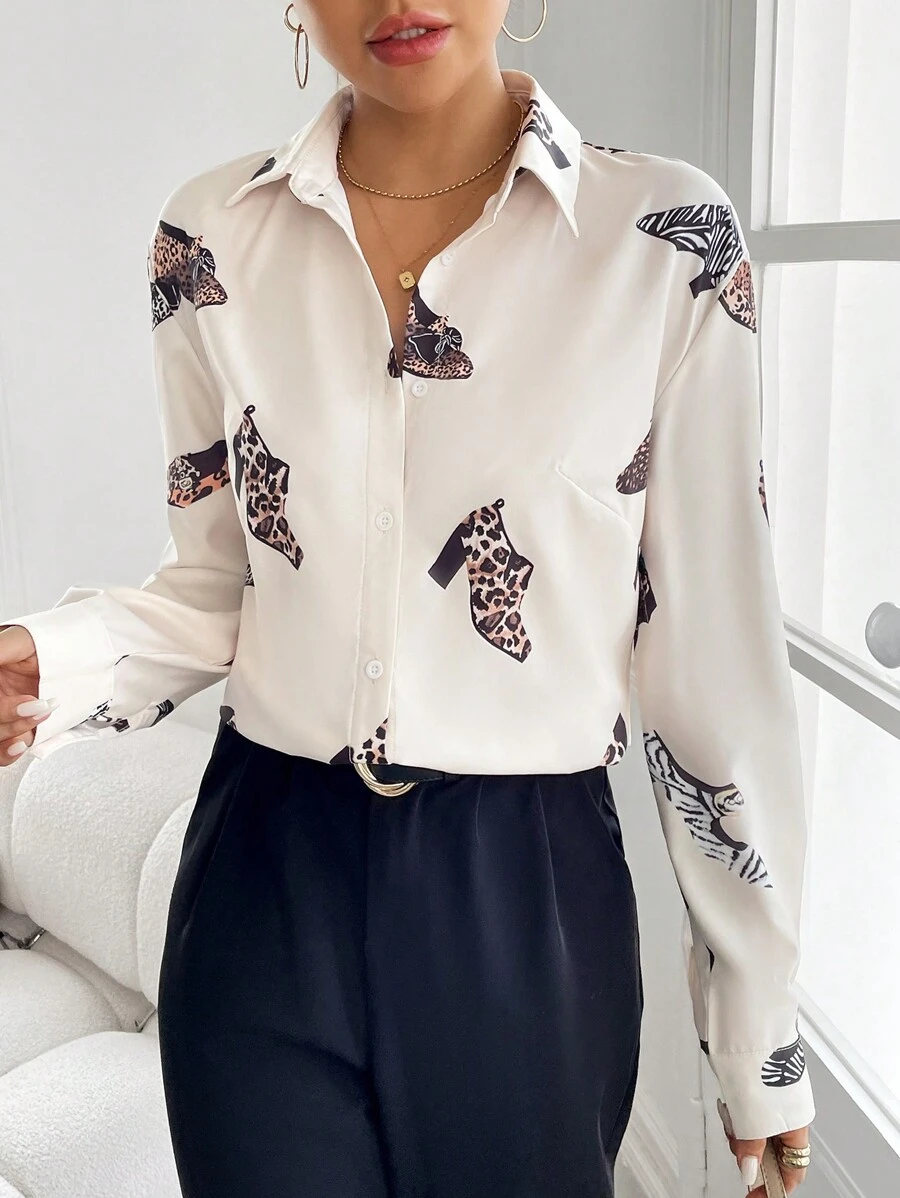 SHEIN Privé Của phụ nữ Giày cao gót In Thả vai Áo sơ mi - Màu be - Xem 1