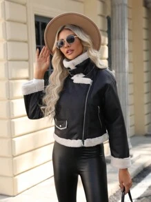 RELISH NOLESS Women's Autumn/Winter Faux Fur Lined Zip-Up Long Sleeve Jacket - Black - View 6