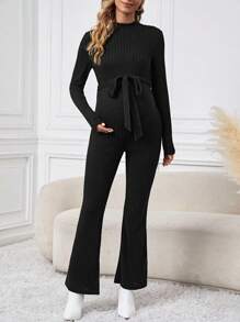 SHEIN Maternity Stand Collar Jumpsuit With Belted Waist And Ribbed Detail - Black - View 3