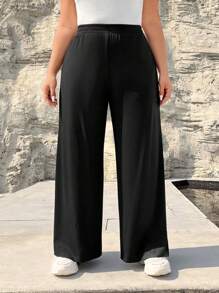 SHEIN EZwear Plus Size Black Knitted High-Waist Wide-Leg Pants - Black - View 5