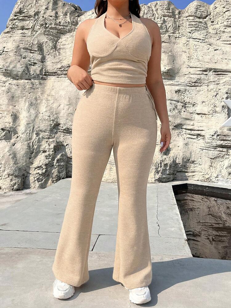 Plus Size Women's Knitted Halter Neck Sleeveless Top And Flared Pants Set