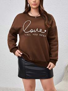 SHEIN Essnce Women'S Plus Size Drop Shoulder Sweatshirt With Slogan Print - Coffee Brown - View 5